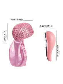 2-In-1 Woven Hair Net & Bonnet Set, Includes Detangling Brush, Satin Lined Curly Hair Sleep Cap, Anti-Frizz Overnight Hair Care Set - Pink - View 8