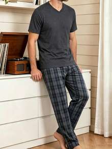 Men's Summer Pajama Set, Round Neck Solid Color Short Sleeve Top And Plaid Long Pants Loungewear - Multicolor - View 1