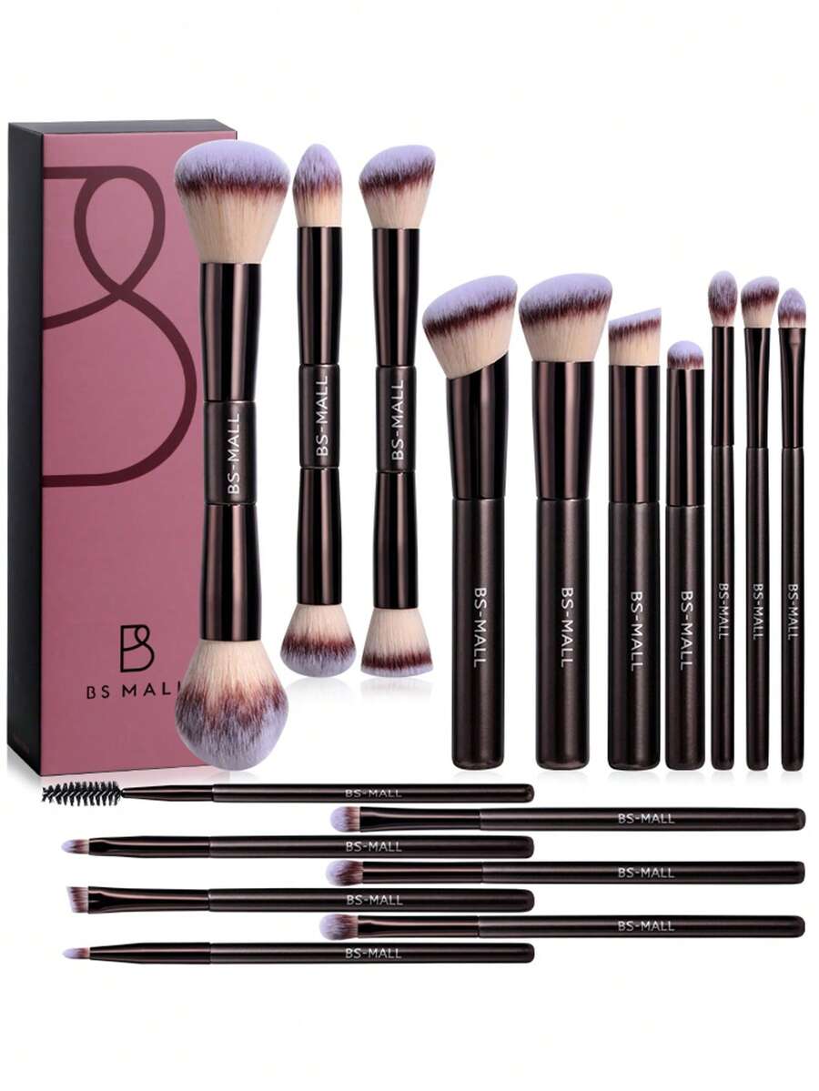 BS-MALL 17pcs Dual-Ended Coffee Color Makeup Brush Set, Full Face Makeup Brush Set, Seamless Application, No Prickly Feel, No Shedding, High Cost-Performance, Gift For Girlfriend - Coffee Brown - View 1