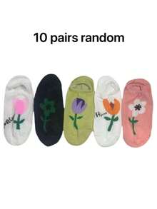 5/4 Pairs Women's Multi-Color Combination, Floral Tulip, Spring/Summer Versatile Style, Knitted Breathable Fabric, Fashionable Japanese Fresh Style Invisible Boat Socks, Home, Commute, Party, Sports, School, Holiday Gift - Multicolor - View 10