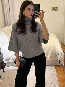 女款休閒秋冬純色灰色高領毛衣，插肩袖針織上衣，收腰紋理設計，日常通勤辦公穿搭套頭衫 - 灰色 - 查看 5