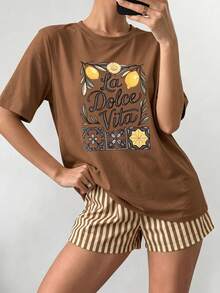 Camiseta Feminina Estampa Floral de Limão "La Vita" Camisa Algodão - marrom - Visão 2