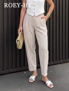 1pc Women's Casual Straight Leg Long Pants With Pockets, Solid Color Zipper Trousers For Daily Wear, Commuting, Best Friend Gatherings, Spring/Summer - Light Grey - View 2