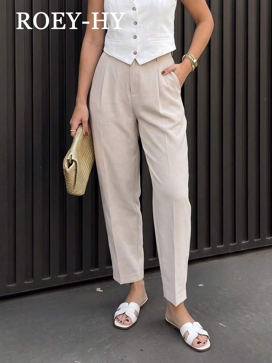 1pc Women's Casual Straight Leg Long Pants With Pockets, Solid Color Zipper Trousers For Daily Wear, Commuting, Best Friend Gatherings, Spring/Summer