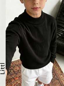 1pc Boys/Teen Students Casual Thick Warm Half High Collar Knit Sweater Pullover For Autumn & Winter - Black - View 1