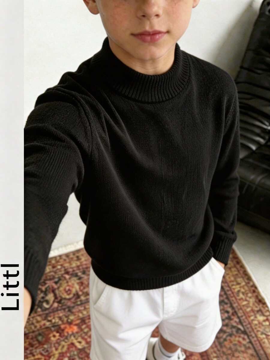 1pc Boys/Teen Students Casual Thick Warm Half High Collar Knit Sweater Pullover For Autumn & Winter - Black - View 1