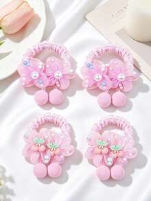 4pcs Girls Pink Flower Pom Pom Pendant Cute Hair Ties Suitable For Daily Use - Multicolor - View 11