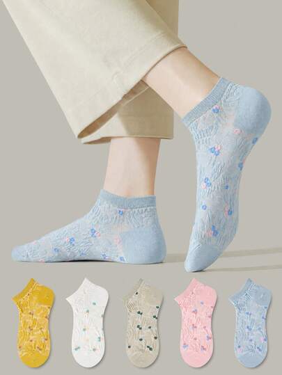 ZUJO 5 Pasang Kaos Kaki Pendek Wanita, Motif Bunga dan Rajutan Kabel, Sederhana dan Nyaman, Cocok untuk Semua Musim, Gaya Pedesaan Prancis, Warna Acak