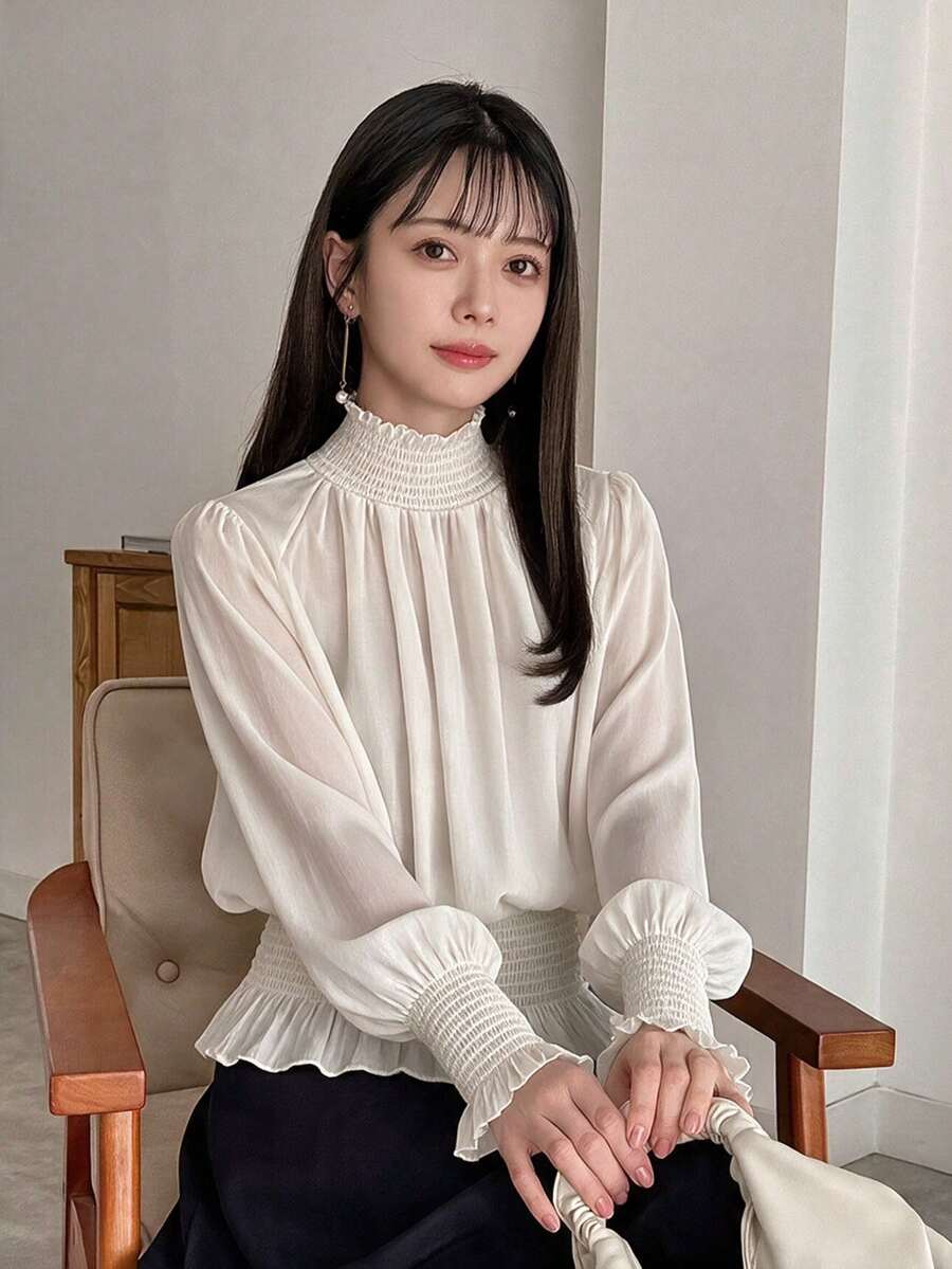 Korean Style Olive Green Half-Neck Pullover Blouse, Long Sleeve Loose Fit Shirt White - White - View 1