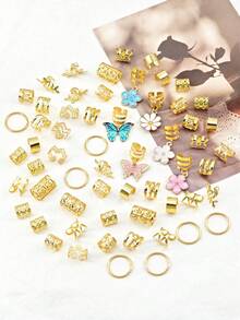 206pcs Floral Fantasy Hair Rings With White Heart, Pearls, Daisy, Pink Butterfly And Camellia Multi-Shape Adjustable Jewelry For Braid - Gold - View 5