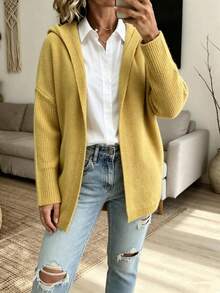Plus Size Women's Solid Color Hooded Knit Cardigan, Casual Layering Jacket For Daily Wear, Relaxed Vibe - Bright Yellow - View 2