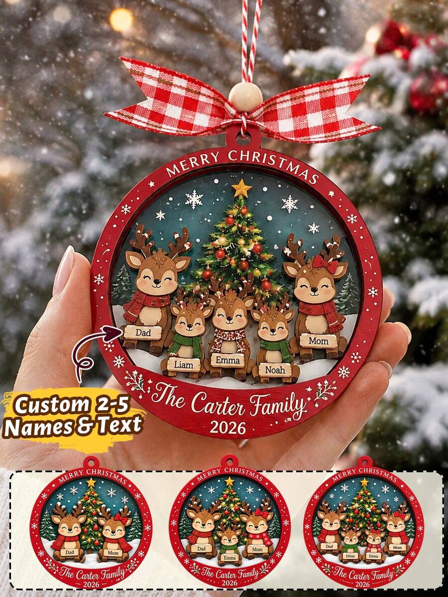Custom Reindeer Christmas Ornament, Farmhouse Christmas Tree Hanging Decor, Personalized Family Name Keepsake, Festive Home Accent, Customized 2-5 Names Holiday Decor, Customizable Text Christmas Gift For Family, Father, Mother, Merry Christmas - Style C - View 1