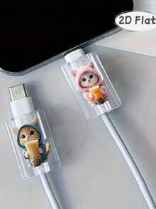 2pcs Hooded Milk Tea Cat Data Cable Connector Protector, Ins Healing Cute Pet Digital Accessory, Compatible With Apple Fast Charging 18W/20W Type-C Interface, Soft Cute Cat Print Data Cable Protective Shell, Holiday Small Gift, Cute Korean Style For Girlfriend And Best Friend - 2pcs Sweater Cat + Blue Shirt Milk Tea Cat - View 8