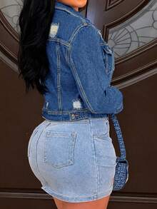Classic Denim Jacket Cutout Design Vintage Wash Statement Button Style - Dark Wash - View 2