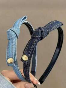 2/1pc Vintage Denim Bow Headband, Thin Edge Toothed Anti-Slip Face Wash Headband, Suitable For Daily Commute, Work, School And Other Occasions - Multicolor - View 2