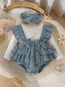 1pc Baby Girl Cute Sweet Comfortable Ribbed & Corduroy Patchwork Printed Romper With Headband, Thin Spring/Autumn Forest Style - Dusty Blue - View 1