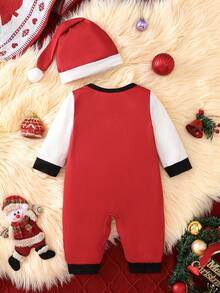 Christmas Newborn Baby Boy & Girl Cute Cartoon Red Plaid Print Long Sleeve Romper + Hat 2pcs Set, Spring & Autumn - Red - View 3