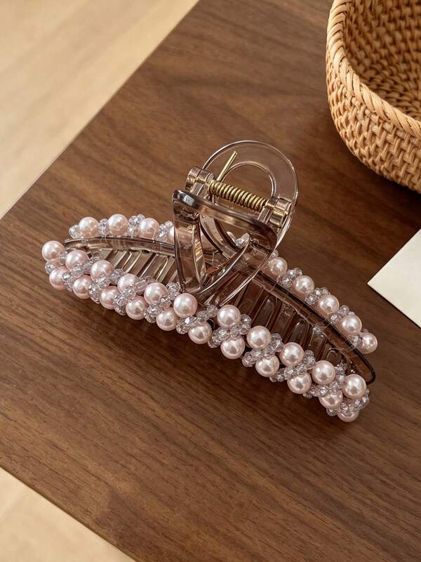 1pc Luxury Double-Layer Pearl Beaded Large Hair Claw Clip, Semi-Transparent Plastic Hair Grip, Women's Party & Commute Atmosphere Hair Accessory