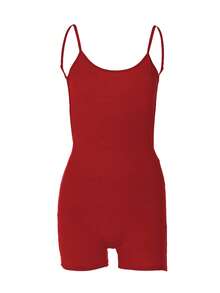 Women Solid Color Spaghetti Strap Backless Romper Romper Summer Elegant Red - Red - View 4