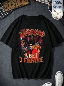 Women's Black Short-Sleeve Cotton T-Shirt, Y2K Retro Style, The Weeknds Abel Tesfaye Graphic Collage Print, Summer Clothing For Pop Music Fans,Regular - 黑色 - 查看 1