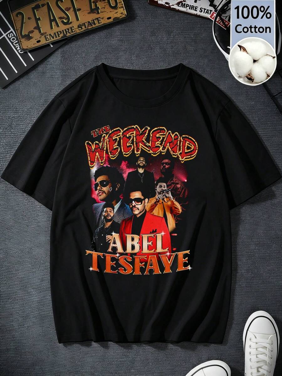 Women's Black Short-Sleeve Cotton T-Shirt, Y2K Retro Style, The Weeknds Abel Tesfaye Graphic Collage Print, Summer Clothing For Pop Music Fans,Regular - 黑色 - 查看 1