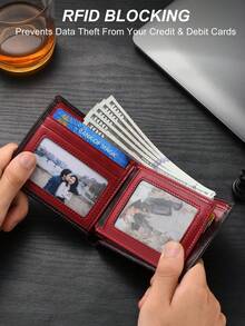 VINCESS Vintage Style Men's Wallet - Genuine Leather Material RFID Blocking Ultra-Thin Design - Fashionable Color Matching, Men's Card Holder Coin Pouch Coin Purse Multi-Function Wallet, Suitable For Daily Use And Holiday Gifts - Red - View 3