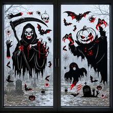 Halloween Decoration Static Cling Stickers, Pumpkin Skull Scythe Grim Reaper Glass Stickers Bat Spider Ghost Window Decals, Holiday & Party Glass Window Stickers - A - View 1