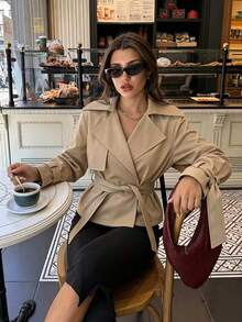 Women's Solid Color Waist Tie Casual Versatile Long Sleeve Jacket - Brown - View 4