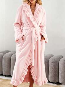 1pc Women Super Soft Ruffle Hem Ankle Length Thick Fleece Robe, Ruffle Hem Fashion Robe With Side Pockets, Warm Long Bathrobe, Plush SPA Robe, Loungewear - Multicolor - View 16