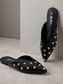 Women's Pointed Toe Mule Slippers, Gold Stud Decor Backless Flat Slip-On Comfortable Shoes For Daily Wear And Party - Black - View 1
