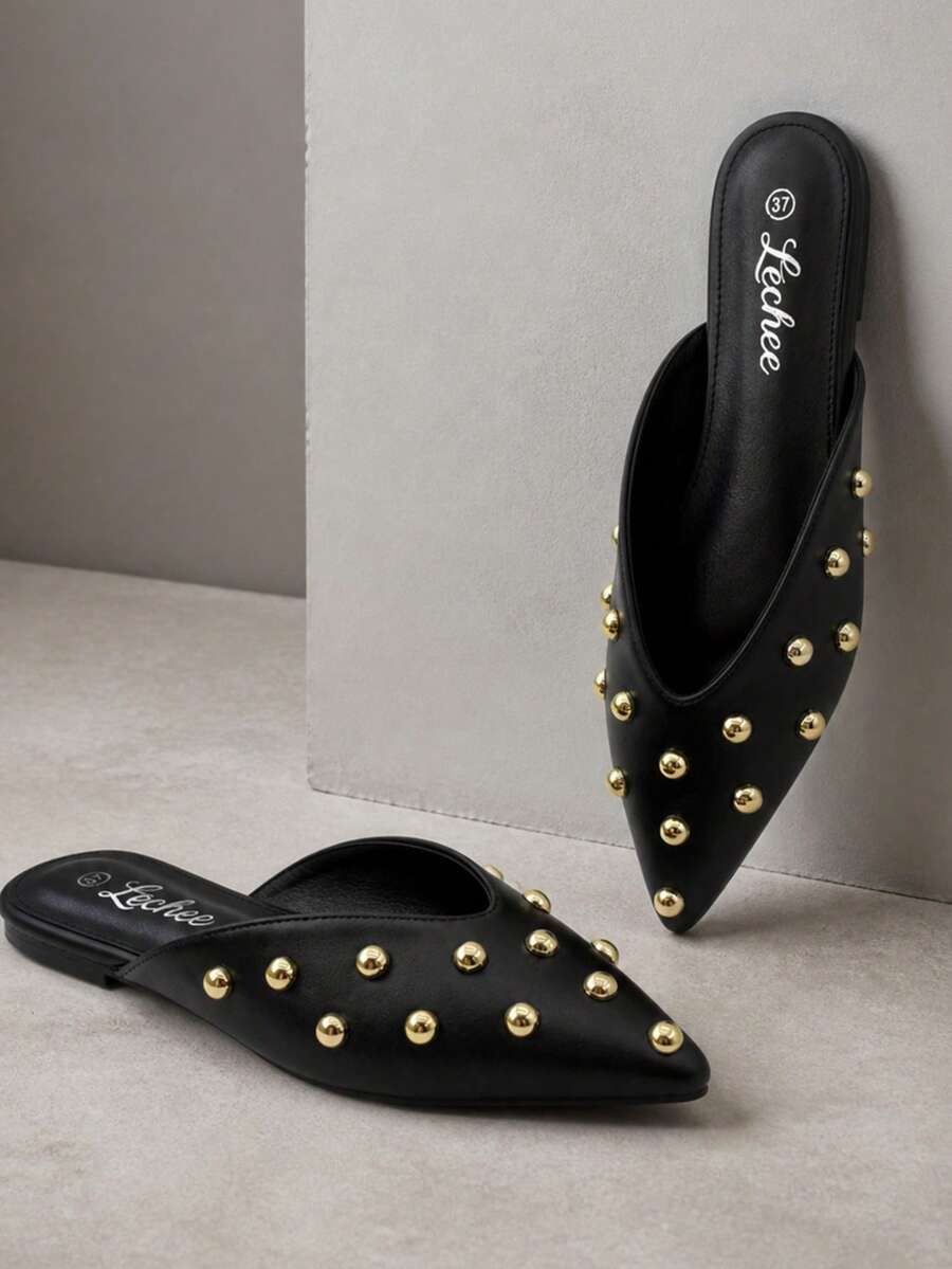 Women's Pointed Toe Mule Slippers, Gold Stud Decor Backless Flat Slip-On Comfortable Shoes For Daily Wear And Party - Black - View 1
