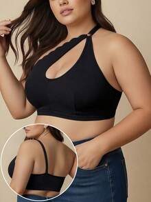 Plus Size Sexy Women's Lingerie, Fashionable Strap Design, Wire-Free, Comfortable Hollow Out Bra - Black - View 3