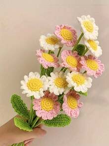 6pcs Handmade Crochet Daisy Bouquet, Realistic Artificial Flower Bouquet, Charming White And Yellow Fabric Flowers, Vibrant Colors, Versatile Use For Home, Car, Office, Holiday Seasonal Decor - Perfect For Valentine's Day, Mother's Day, Thanksgiving, Wedding, Birthday - Polyester, Bouquet Accessories, Bouquet Accessories Gift - Multicolor - View 5