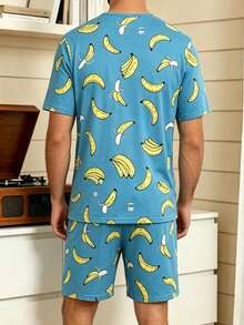 Men's Pajama Set, Round Neck, Thin, All-Over Banana Print, Short Sleeve, Shorts, 2 Pieces Set, Summer, Fun, Quirky, Fresh, Men's Loungewear - Multicolor - View 2