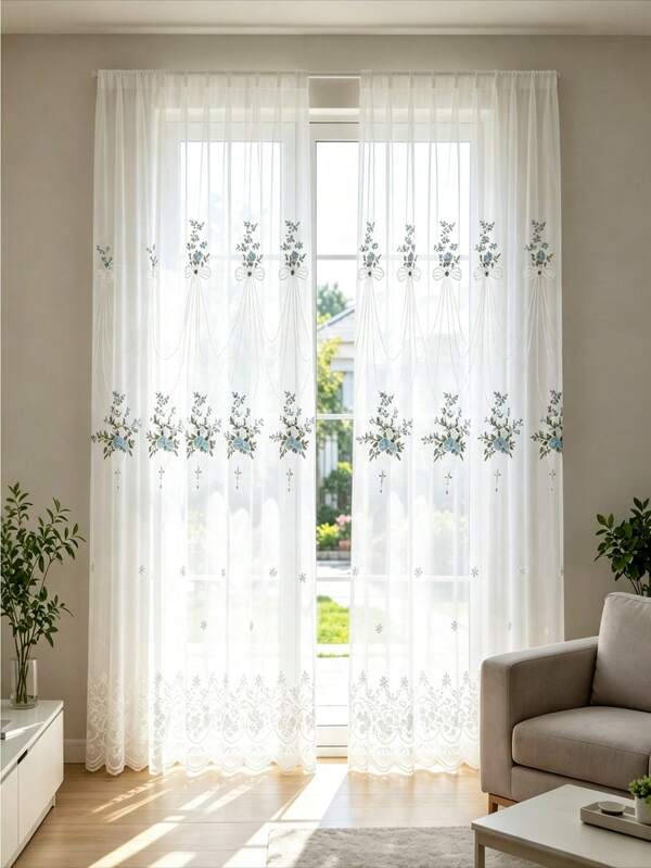 1PC Rod Pocket French Minimalist Romantic Style Embroidered Jacquard Sheer Curtain, Suitable For Dining Room, Living Room, Bedroom, Balcony, Room Divider Decor