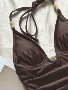 Women's Halter Tankini Swimwear Shorts Set, Suitable For World Cup, Casual Summer Vacation Beach Wear Brown - Brown - View 10