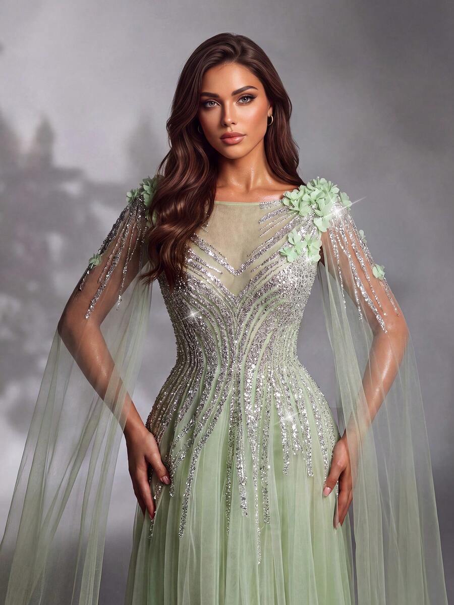 IBTRLY Spring/Summer New Elegant Luxury Green Sequin Beaded Floral Decor High Slit Mesh Formal Evening Gown Suitable For Party, Wedding, Graduation, Birthday, Celebration, Prom, Homecoming, Vacation, Date