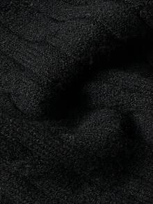 Women's Black Fitted Cable Knit Top, Round Neck Long Sleeve Slim Fit Basic Sweater, Summer/Autumn - Black - View 5