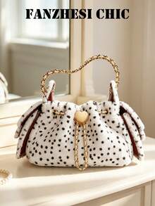 Polka Dot Plush Drawstring Bucket Bag With Heart Metal Lock Chain Handbag, Ruffle Edges On Both Sides, Sweet Girl Style Women's Crossbody Small Bag - White - View 5