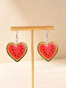 1 Pair Flat Bohemian Vacation Style Cute Watermelon Shaped Heart Acrylic Pendant Earrings - Multicolor - View 6
