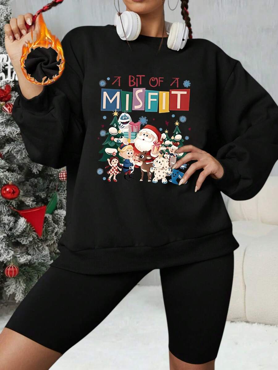 Women's Christmas Outfit, Comfortable Sports Home Sweatshirt, Christmas Cartoon Character Print Crew Neck Sweatshirt, Suitable For Christmas And Autumn/Winter Wear - Black - View 1