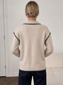 Wixra Women's Contrast Stitch Button Stand Collar Knit Cardigan, Loose Soft Warm Sweater Jacket - Apricot - View 2