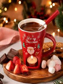 Christmas Ceramic Chocolate Fondue Cup Set With Tea Candle Holder And Forks, Santa Claus Reindeer Tree Pattern Heat-Resistant Hot Chocolate Melting Pot, Holiday Dessert Dipping Bowl For Strawberries Marshmallows, Christmas Party Tableware Gift - Multicolor - View 8