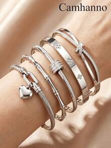 Camhanno 5pcs/2pcs Commuter Versatile Bracelet Set, Stainless Steel Multi-Style Combination, Exquisite Texture, Hypoallergenic, Hand Jewelry - Silver - View 2