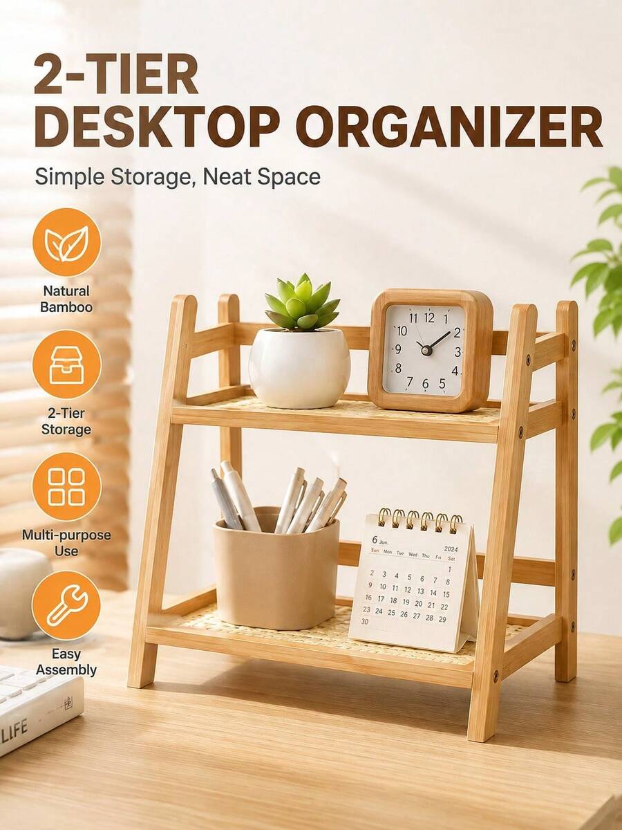 5PCS/1PC Ins Vintage Style Rattan Material Double-Tier Rectangular Shape Featuring Woven Mesh Shelves And Space-Saving Storage Function Desktop Organizer Shelf Suitable For Office Desk And Bedroom Vanity Decoration