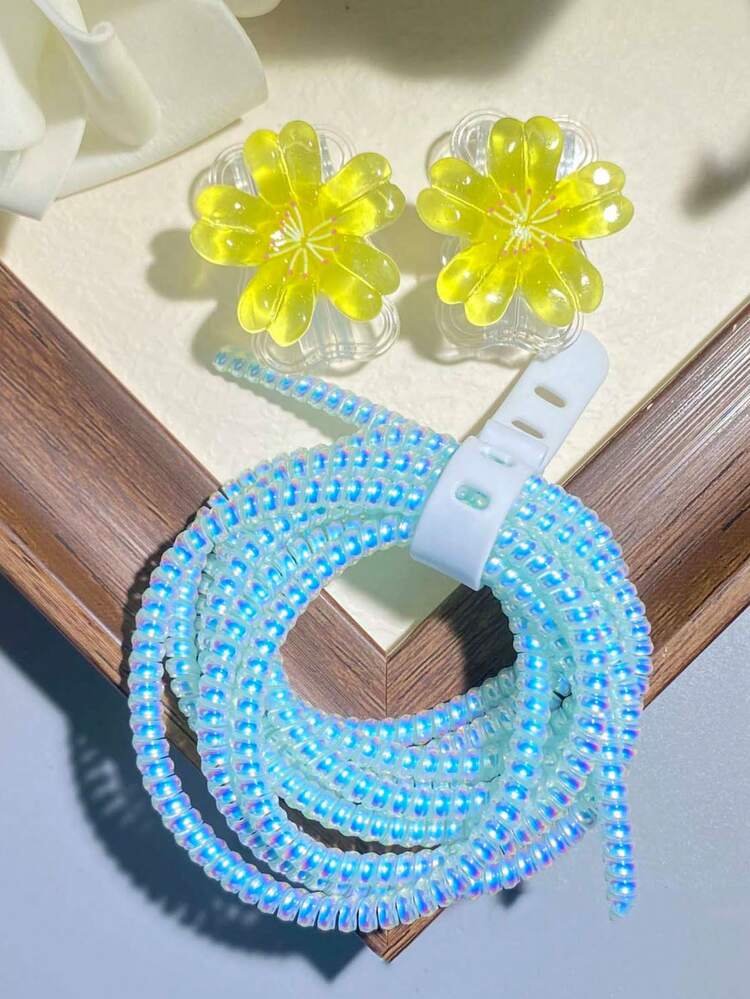 1 Set TPU Flower Data Cable Protector, Protects Data Cable, Made Of Durable ABS Material - Compatible With Apple 18W/20W Charger, Protects Charging Phone Cable From Damage - Yellow Double-petal Flower - View 2