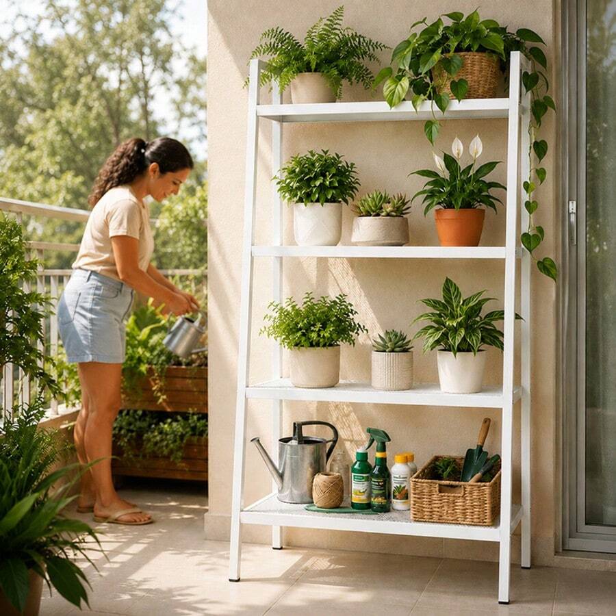 Estante para Plantas em Formato de Escada Quatro Níveis Cor Branco Cremoso, Aço Carbono Reforçado com Pintura Anti-ferrugem, Dimensões 60*35*150cm, Base Ampla Antiderramamento para Varandas e Jardins - EstantePlantas-4AndaresEscada-Branco - Visão 1