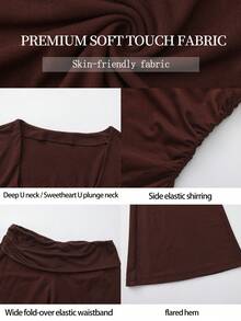 ARA Women's Autumn Brown 2 Pieces Set, V-Neck Long Sleeve Ruched Cropped Top and High-Waisted Long Sleeve Flare Pants, Back Ruched Detail Loungewear & Sportswear - Coklat - View 5