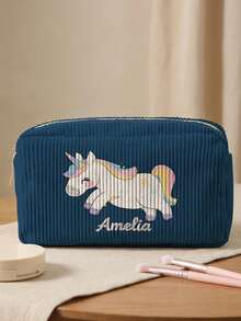 1pc Customizable Embroidered Name/Text Corduroy Makeup Bag, Cartoon Animal Pattern Double-Sided Print Travel Portable Cosmetic Storage Bag Multifunctional Zipper Makeup Bag Wallet, Perfect For Children's Skincare Storage, Can Be Customized According To Your Name - Multicolor - View 12