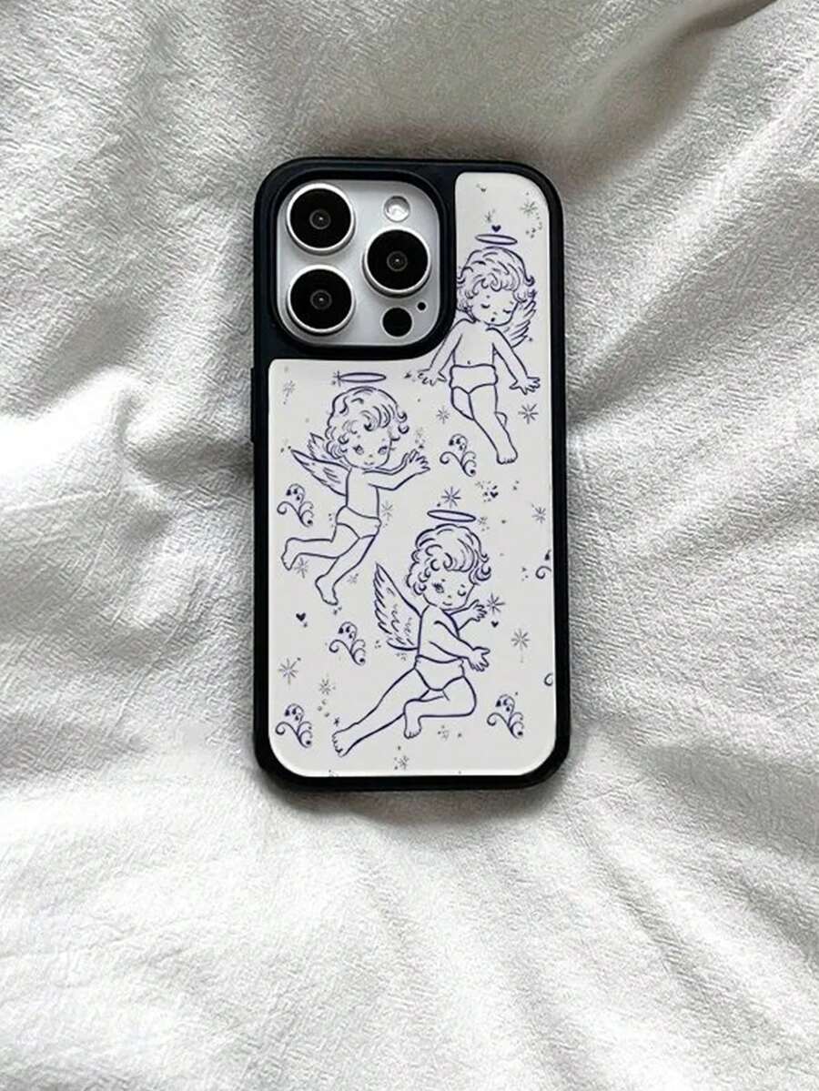 1件韓式復古小眾創意粉色小天使黑邊全包裝甲手機殼,適用於Phone 17 Pro Max、17 Pro、17、16 Pro Max、16 Pro、16、15 Pro Max、15 Pro、14 Pro Max、14 Pro、14、13 Pro Max、13 Pro、13、12 Pro Max、11,手機保護殼 - 白色 - 查看 1